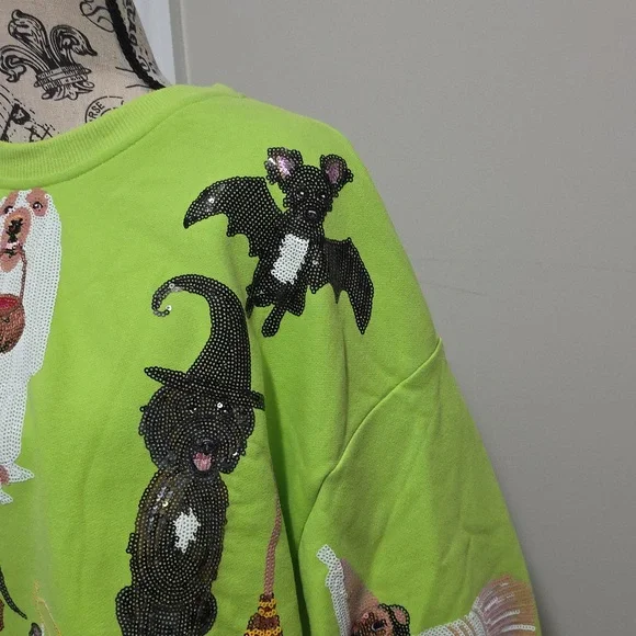 Queen of Sparkles Limited Edition Halloween Dogs Lime Green Sweatshirt Small - Picture 5 of 12